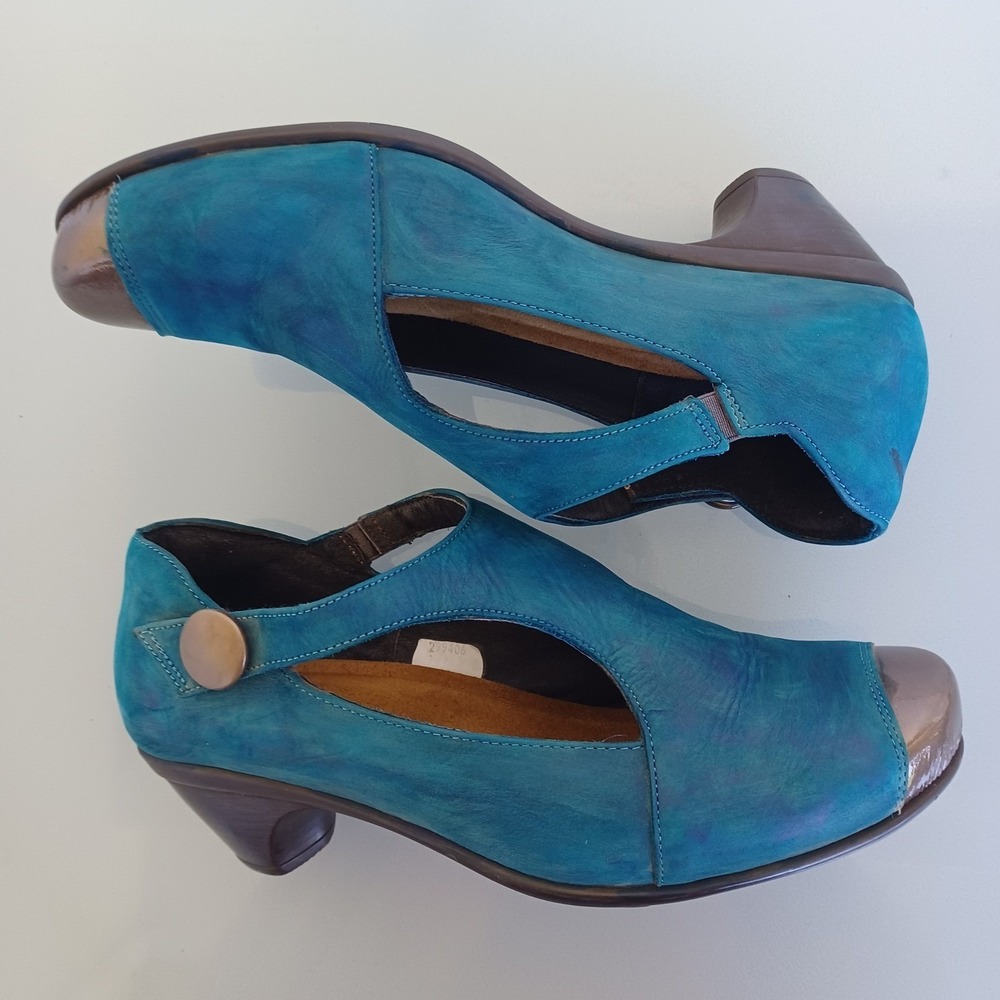 Naot Teal Blue Leather ⁰Pumps Metallic Bronze Cap Toe Size 39 L8 299406 - Picture 9 of 10